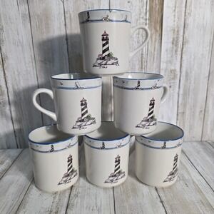 Mainstays Home Nautical Lighthouse Coffee Mugs Set of 6 Blue White Stoneware